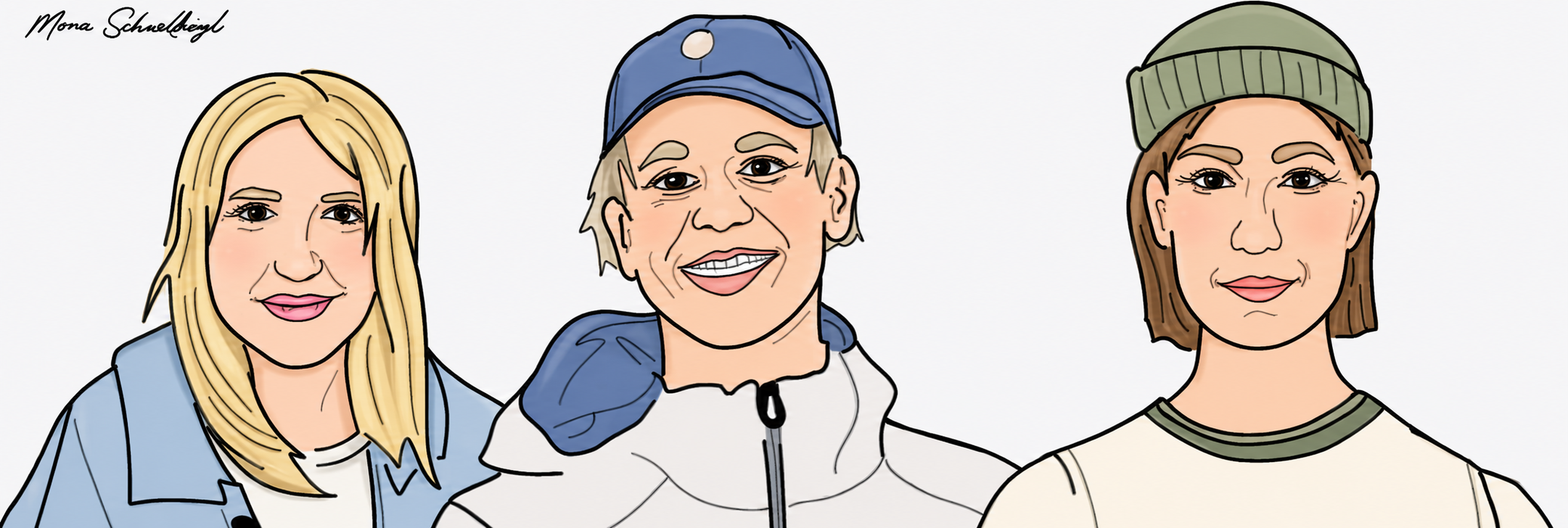 Illustration von drei Personen mit Mützen vor hellem Hintergrund